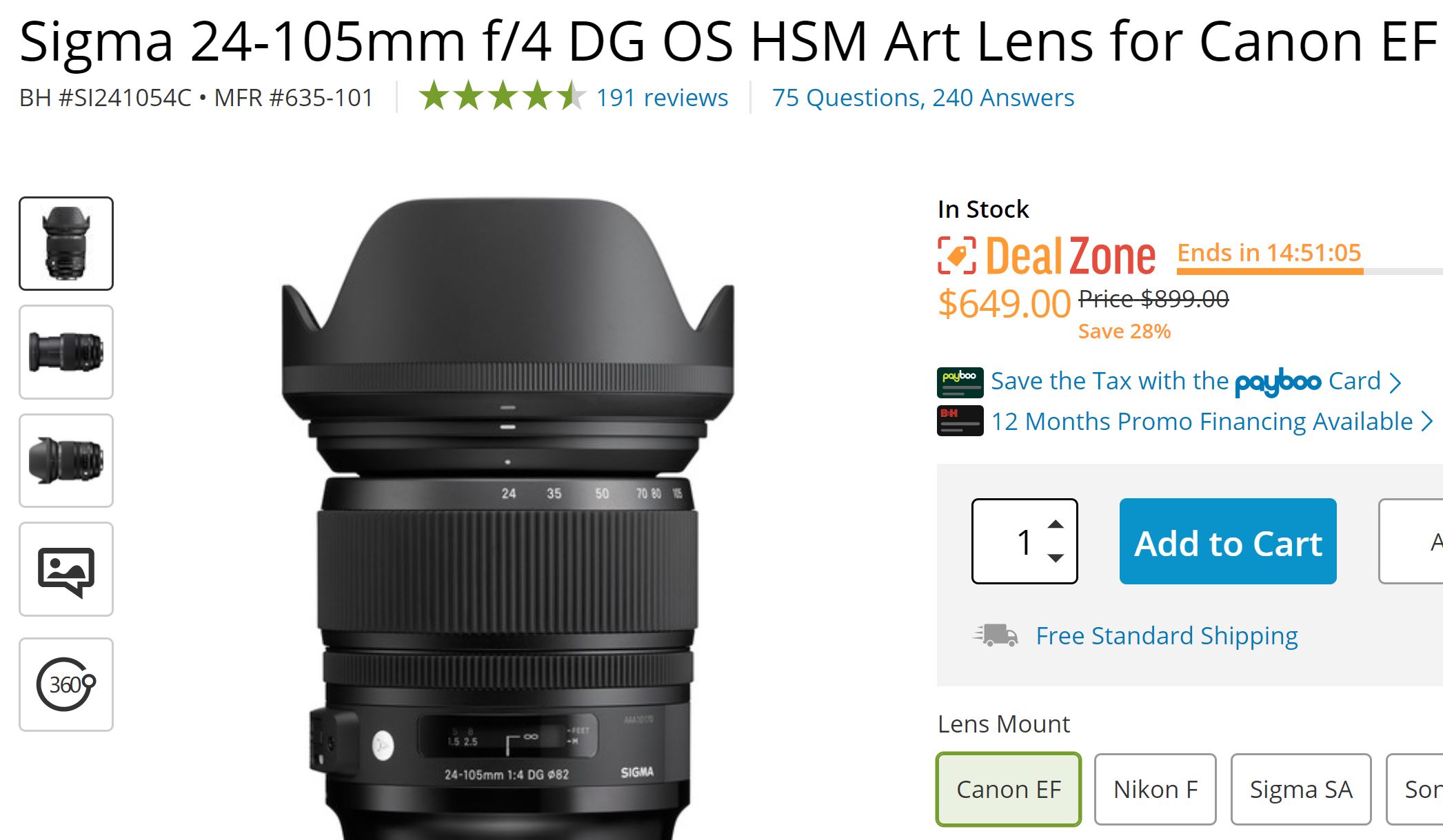 Today Only Deal – Sigma 24-105mm f/4 DG OS HSM Art Lens for $649 